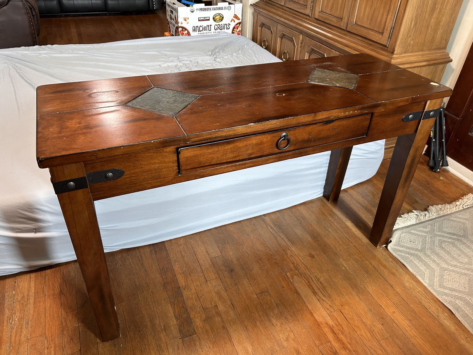 Rustic Solid Wood Console Table with Inlaid Slate Tiles and Single Drawer
