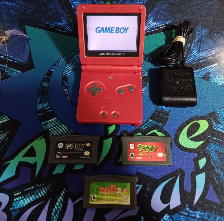 Nintendo Game Boy Advance SP Flame Red AGS 001 with charger & Games! Tested. Good Condition!