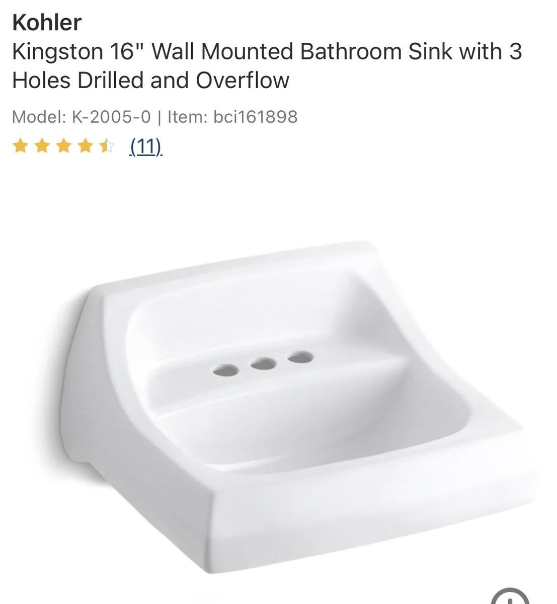Kohler Kingston K-2005-0 16" Wall Mounted Bathroom Sink White with 3 Holes & Overflow