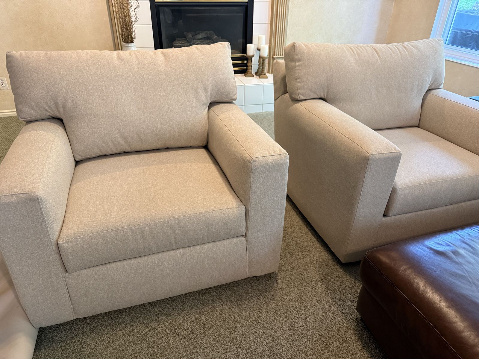 Living Spaces Beige Fabric Oversized Swivel Chairs