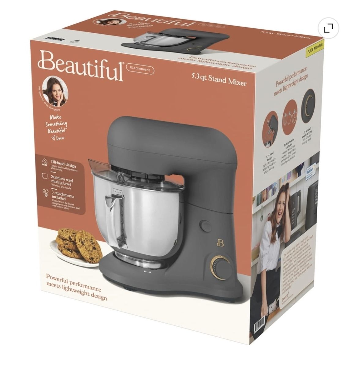 Beautiful by Drew Barrymore 5.3QT Tilt-Head Stand Mixer, 300W, 12-Speed, Grey