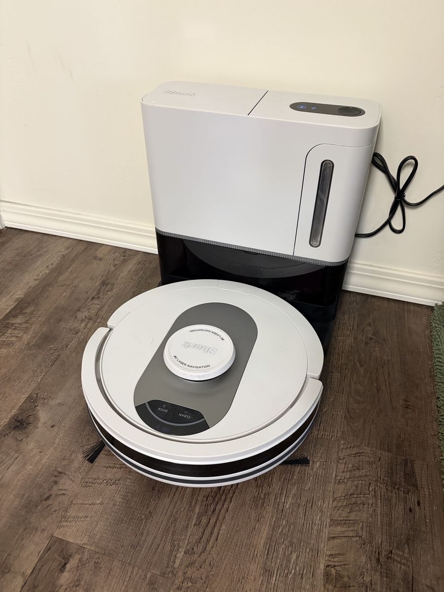 Shark AI Robot Vacuum with XL Self-Empty Base, Laser Navigation, RV2001WD, White.  Comes with filters and brush replacements.