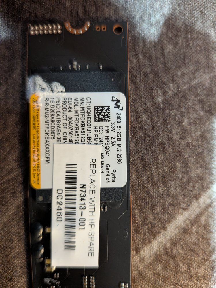 Micron 2400 512GB M.2 2280 NVMe Gen4 x4 SSD - HP Spare N73413-001