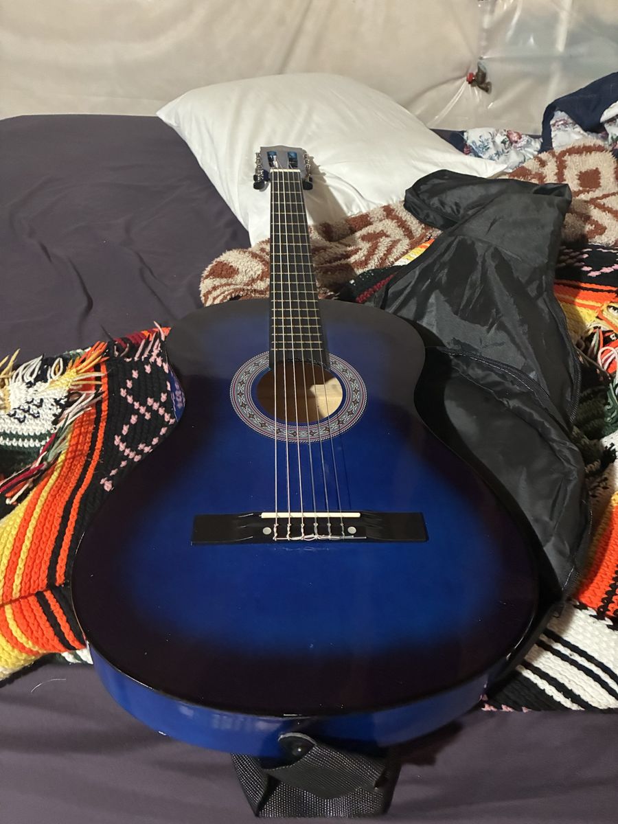 BCP Blue Acoustic Guitar Beginner Full Size w/ Case & Pick - Steel & Nylon Strings