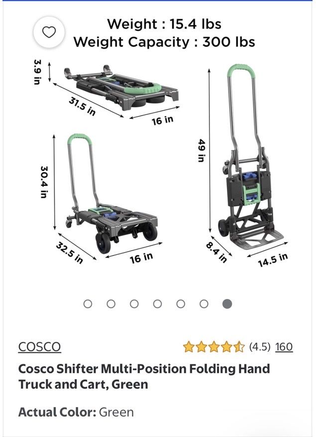 Cosco Shifter Green Multi-Position Folding Hand Truck & Cart Dolly 300 lbs Capacity