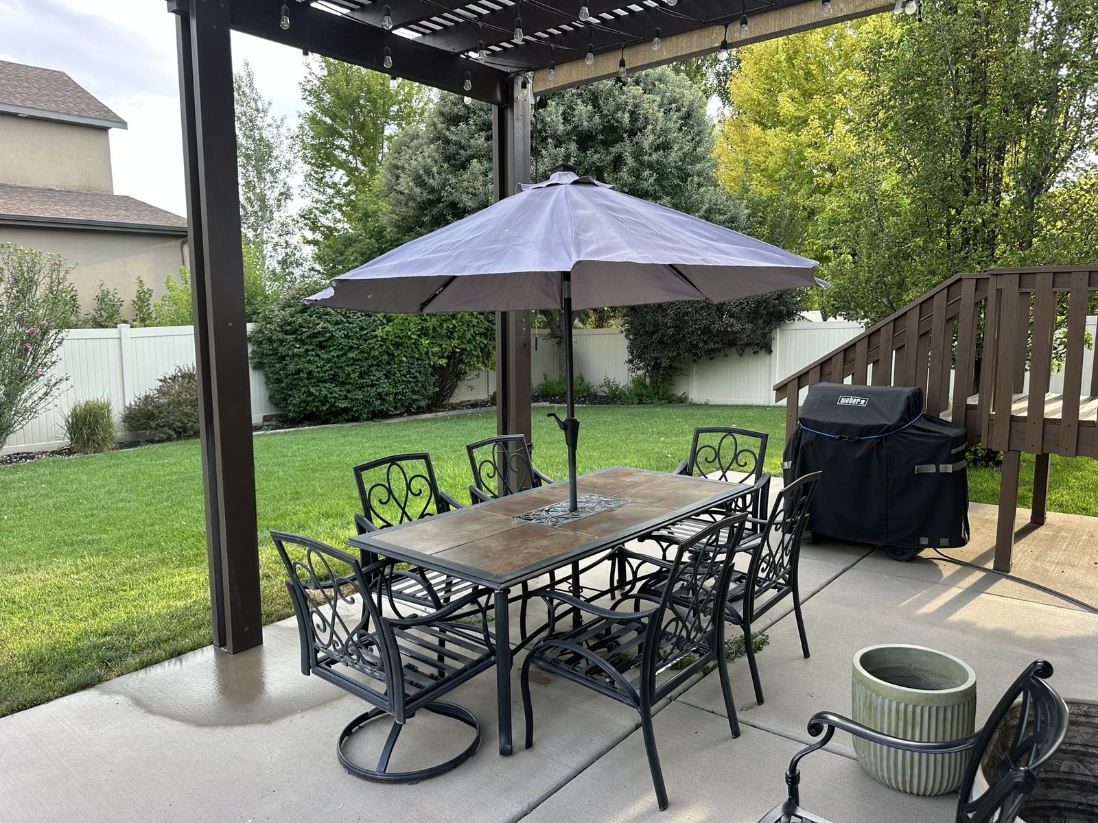 Outdoor Patio Dining Set - Tile Top Table with 6 Metal Chairs & Umbrella