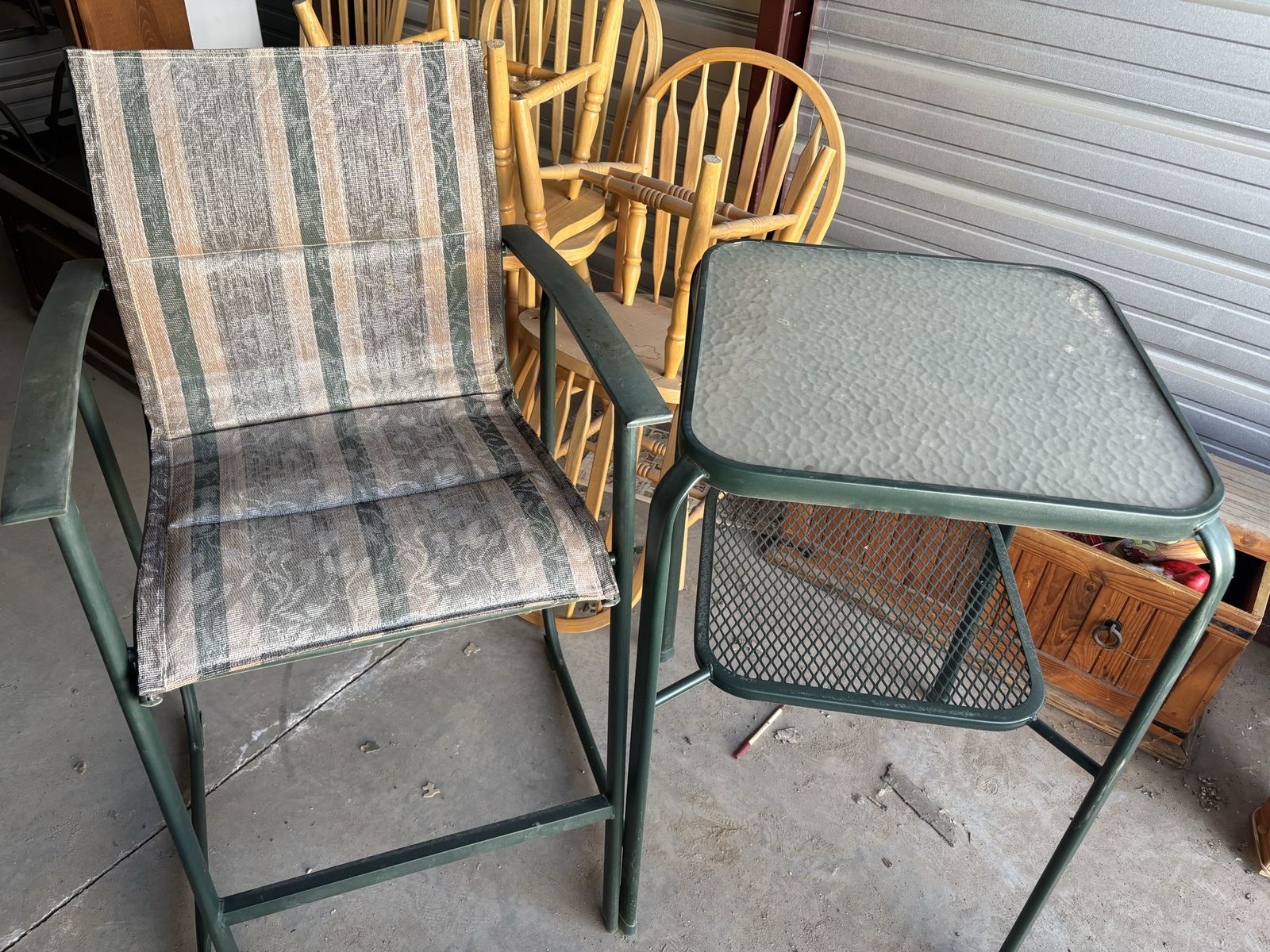 Outdoor Patio Bar Stool & Side Table Set - Metal Frame, Striped Fabric, Glass Top