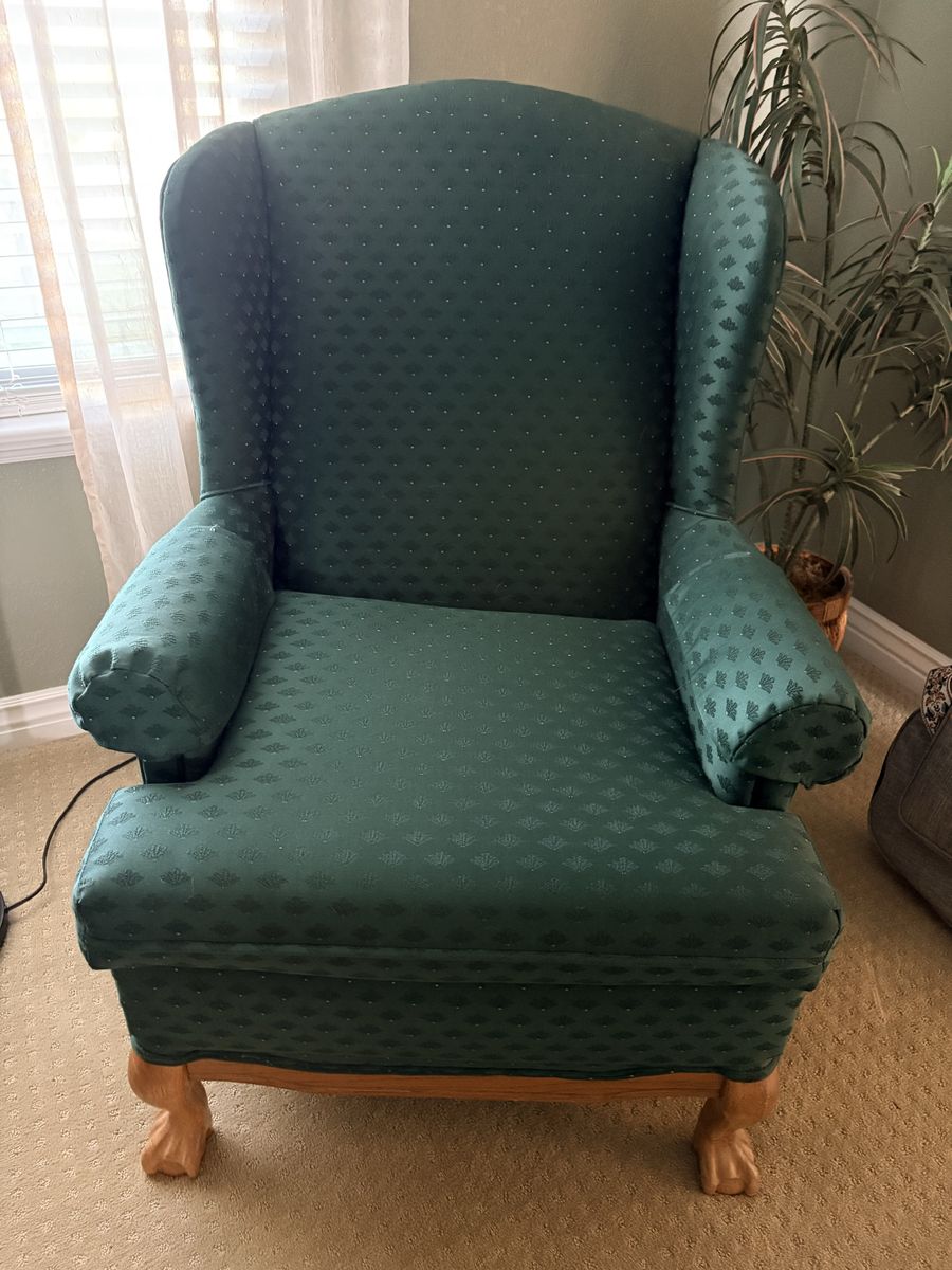 Pair of Vintage Green Wingback Armchairs - Claw Foot Accent Chairs