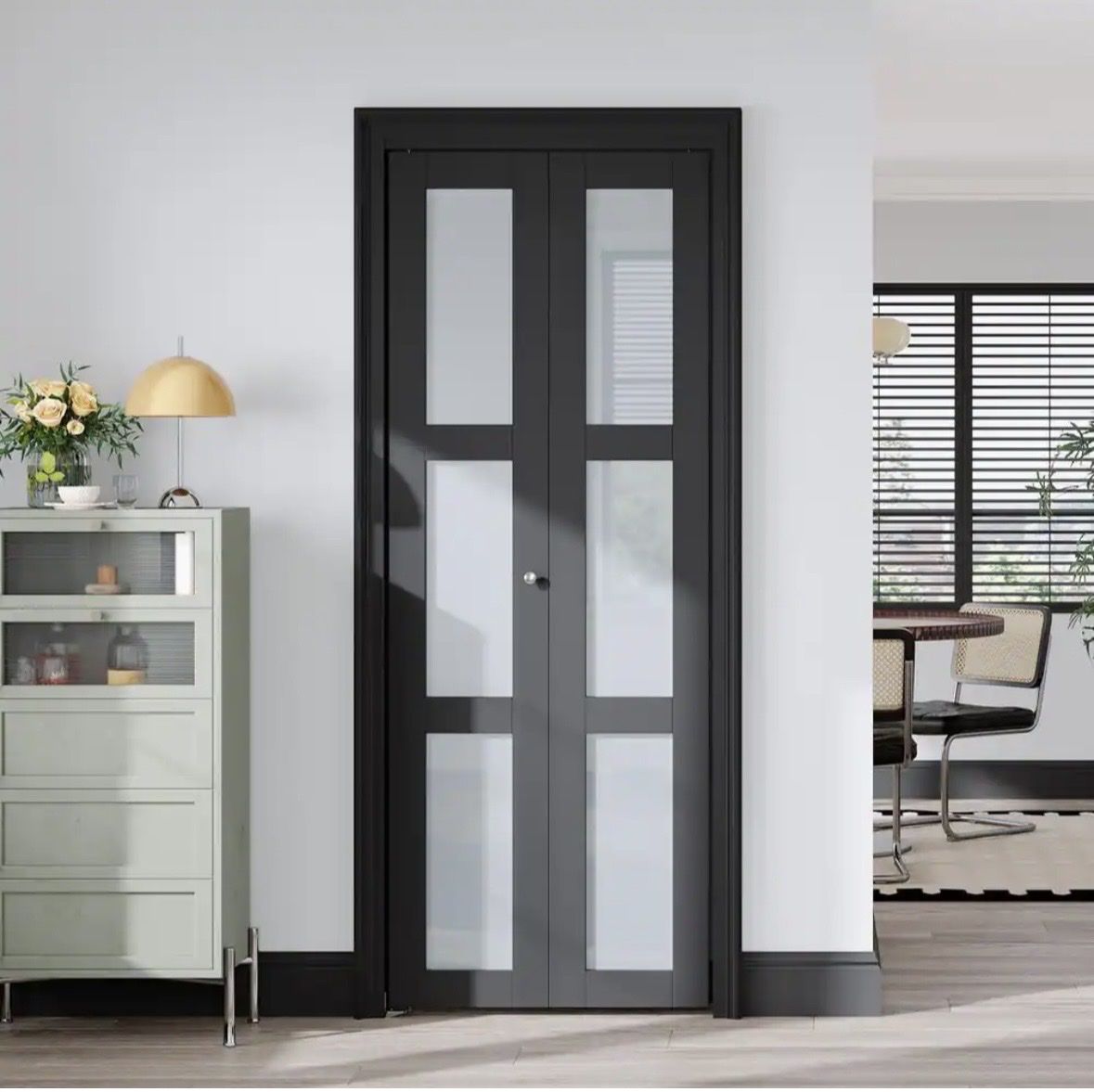 Modern Black 3-Lite Glass Bifold Closet Door Kit - 32" x 80" (Brand New)