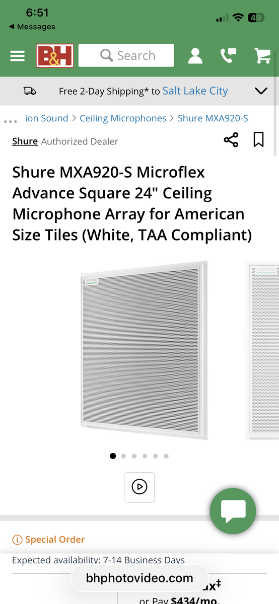 Shure MXA920-S Microflex Advance Square 24" Ceiling Microphone Array for American Size Tiles (White, TAA Compliant)