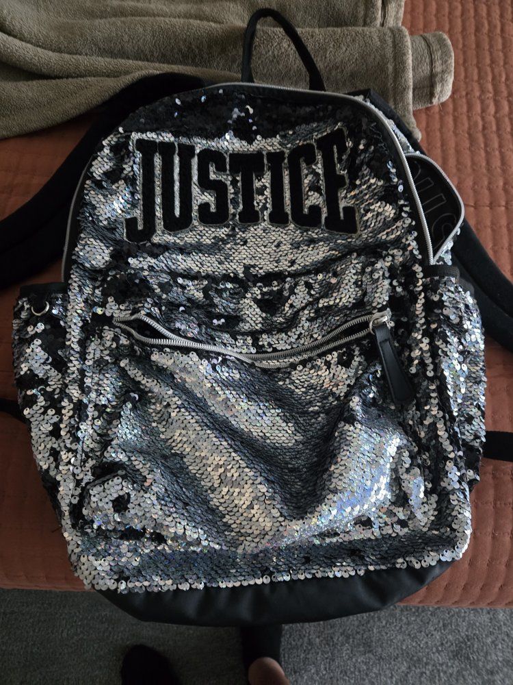 Justice Silver and Black Flip Sequin Backpack