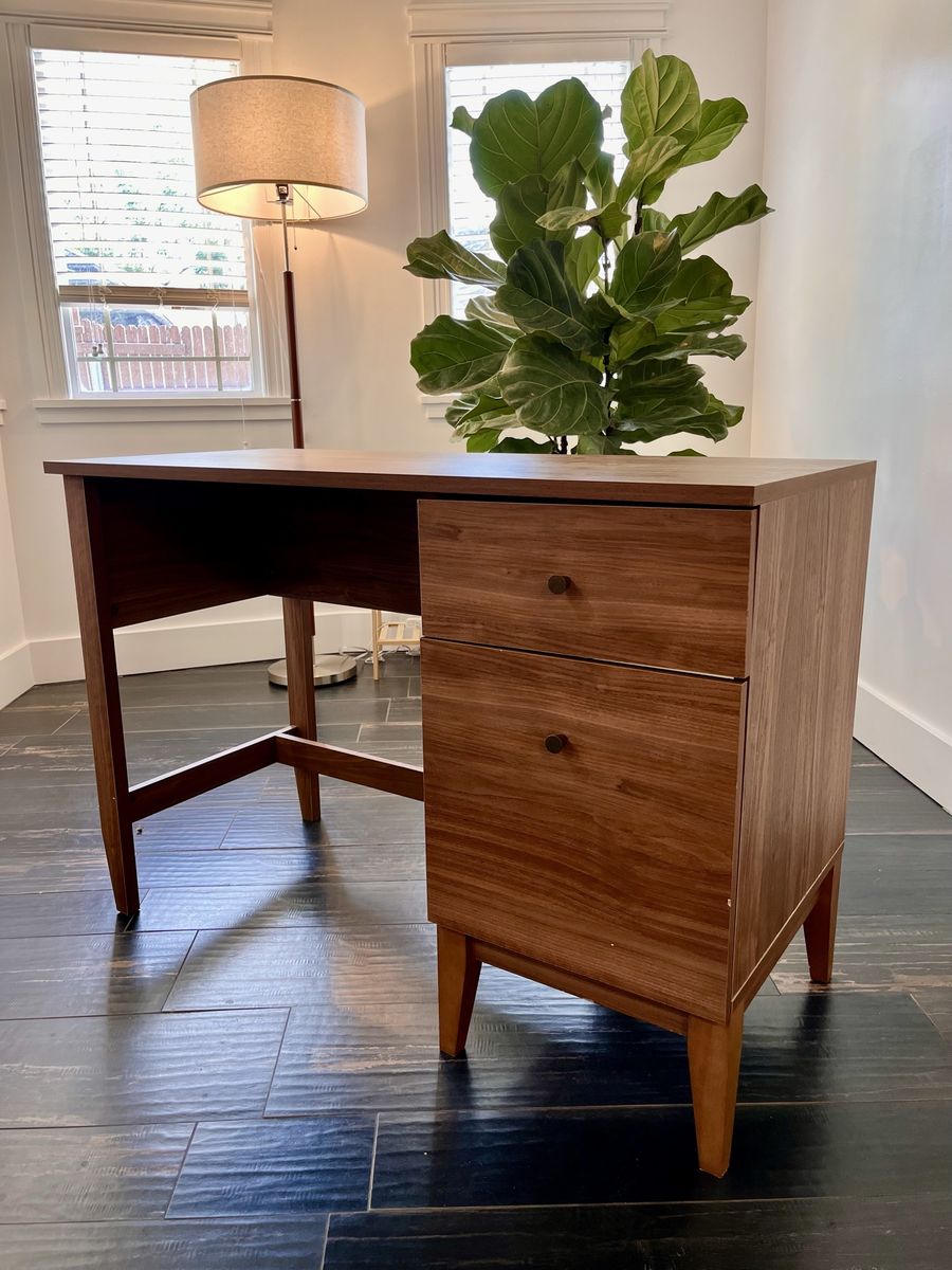Mid-Century Modern Wood Desk with 2 Drawers - Walnut Finish