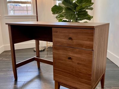 Mid-Century Modern Wood Desk with 2 Drawers - Walnut Finish