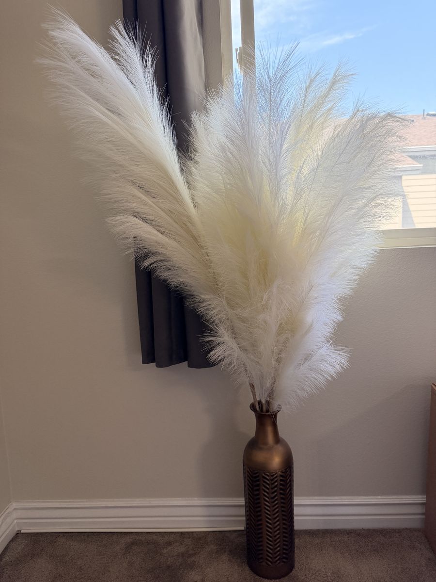 Decorative Tall Bronze Floor Vase with Cream Faux Pampas Grass Stems