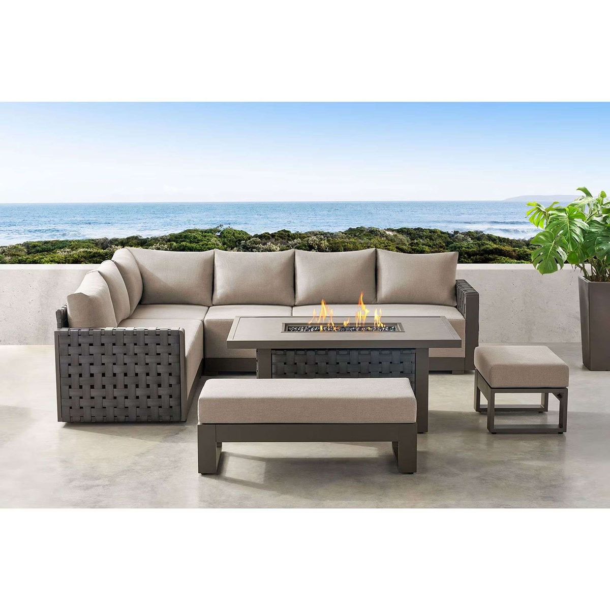 NIB Member’s Mark Brenton Sofa Sectional Patio Set Fire Coffee Table 7pc