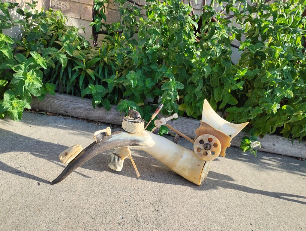 Vintage Cow Horn Covered Wagon Bone Folk Art Handmade Frontier Shelf Decor