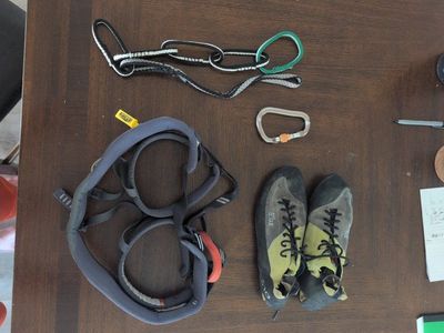 Petzl Momentum Medium Climbing Harness, 5.10 Shoes Size 12, Black Diamond Carabineer, 1.0m Webbing