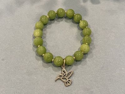 Jade Green Gold Hummingbird Charm Beaded Bracelet