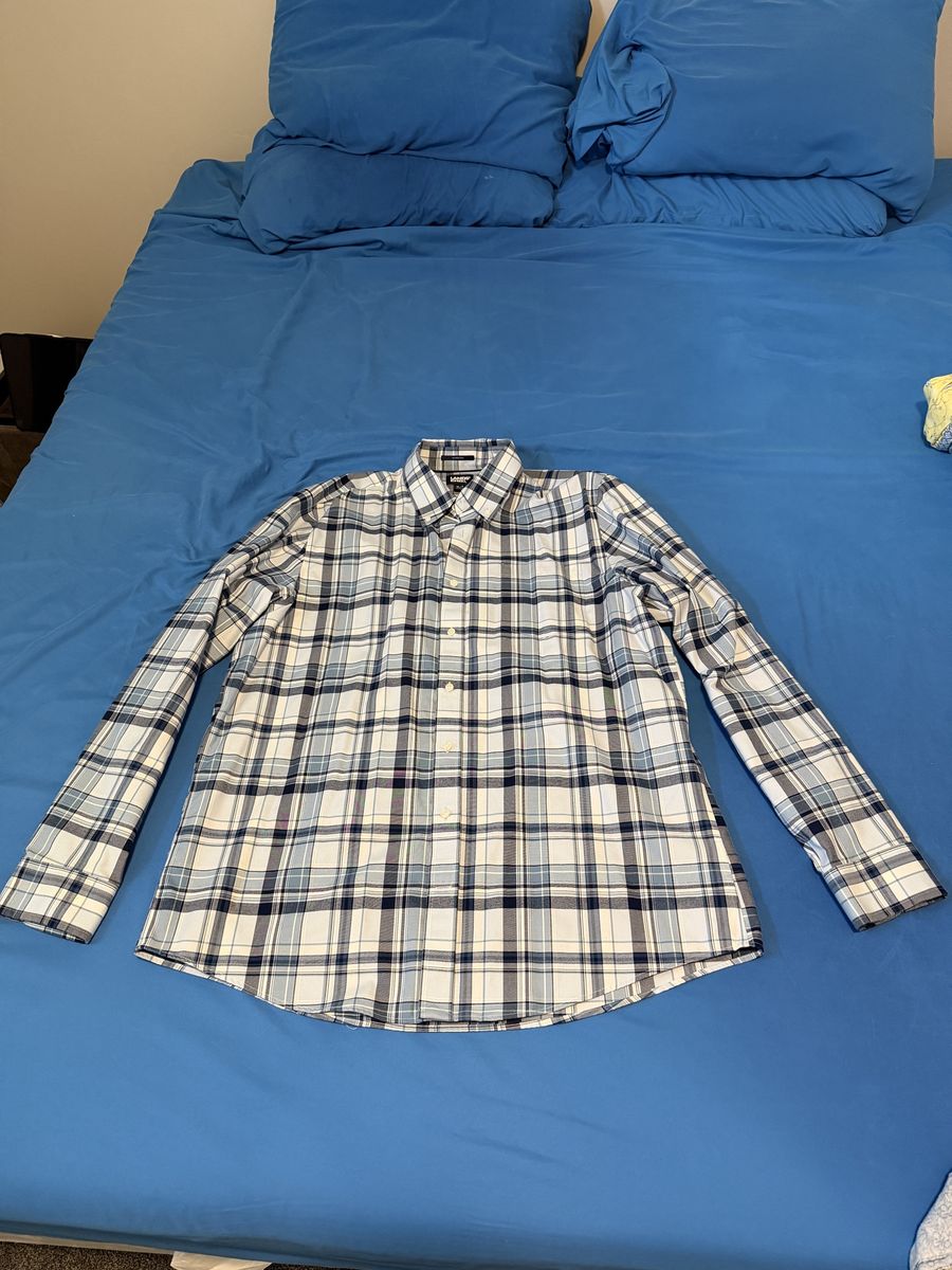 Lands End Men's No Iron Twill Shirt XLT - Soft Blue Haze Multi Plaid