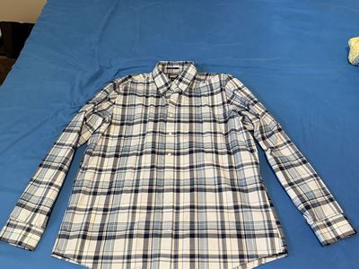 Lands End Men's No Iron Twill Shirt XLT - Soft Blue Haze Multi Plaid