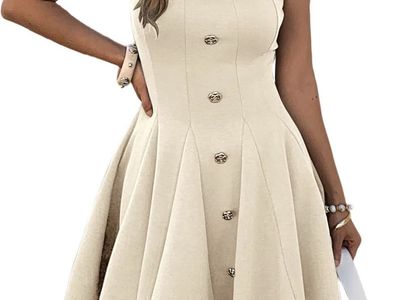 EVZEIEM Women's Sleeveless Square Neck Button-Front Pleated Mini Dress Beige XL