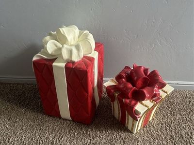 Holiday and Halloween Seasonal Decor Lot - Present Boxes and Ghost Pumpkin Figurine