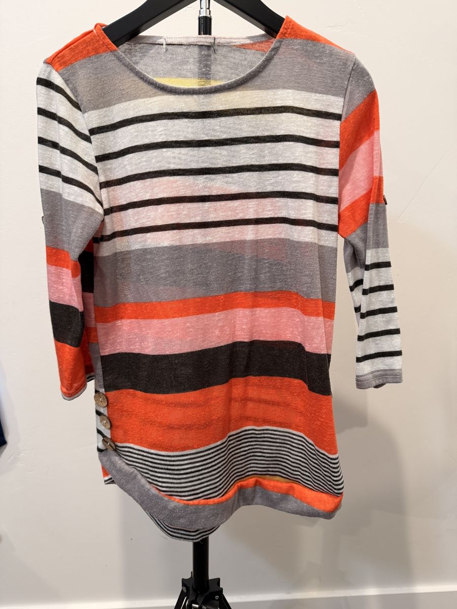 Multi-Color Striped Lightweight 3/4 Sleeve Top with Side Buttons