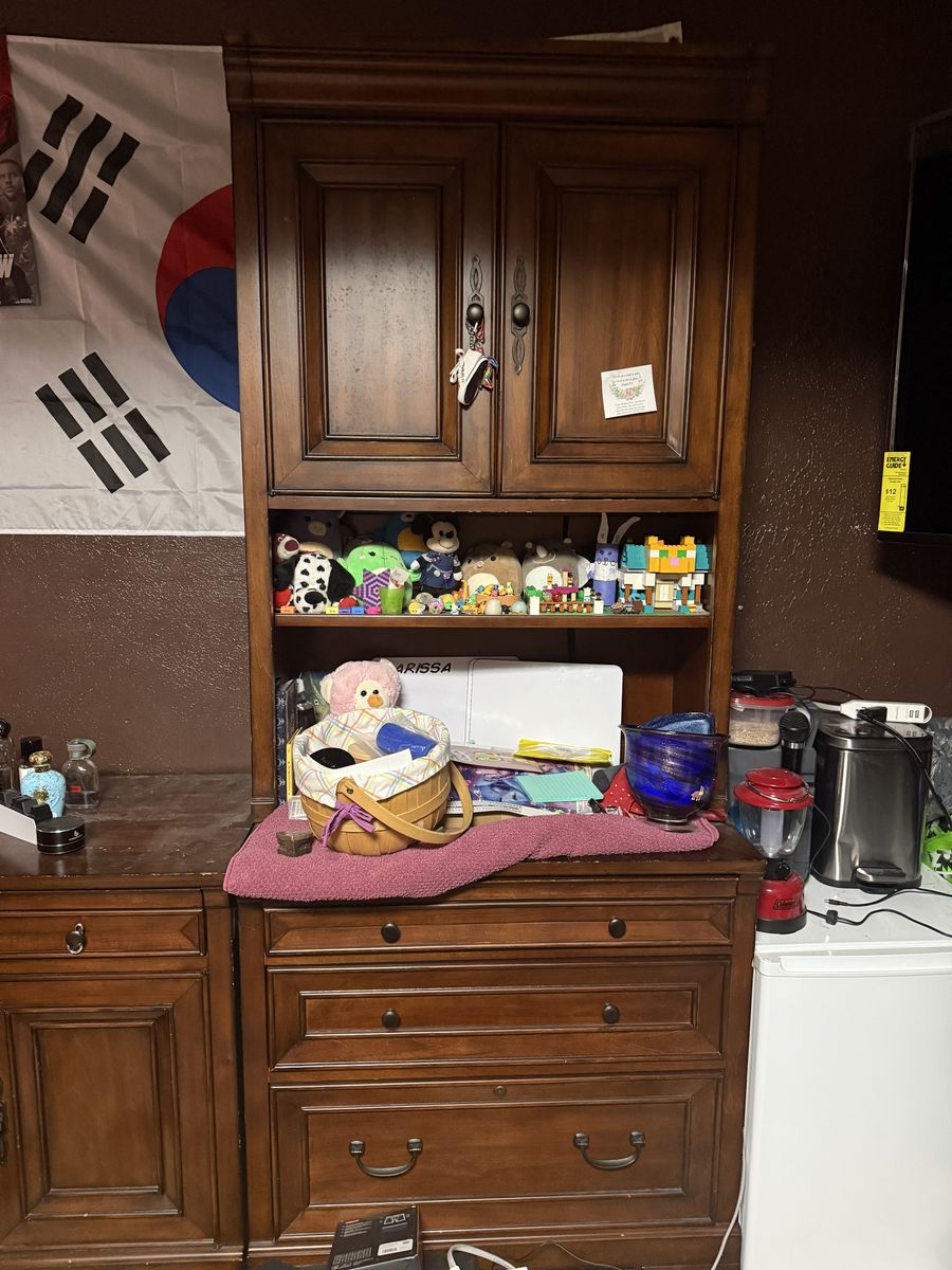 Couch and wooden storage unit