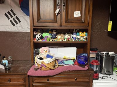 Couch and wooden storage unit