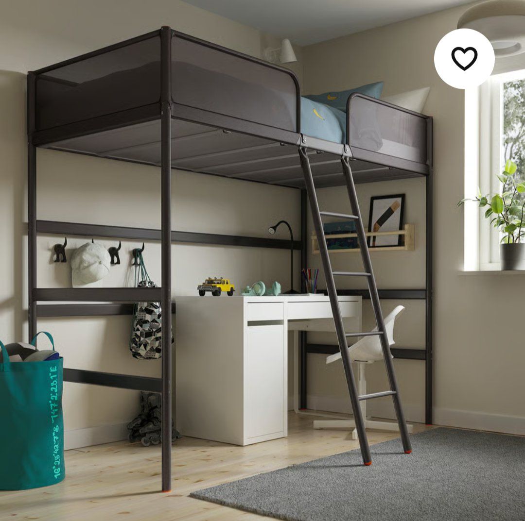 IKEA Metal Loft Bed Frame with Built-in Ladder and Safety Rails - Dark Grey