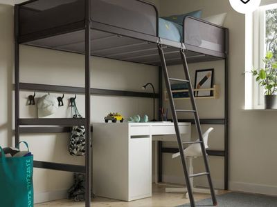 IKEA Metal Loft Bed Frame with Built-in Ladder and Safety Rails - Dark Grey