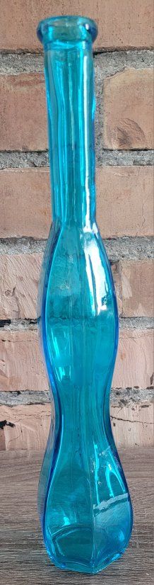 Vintage Curvy Turquoise Glass Vase - 12 Inch, Aqua