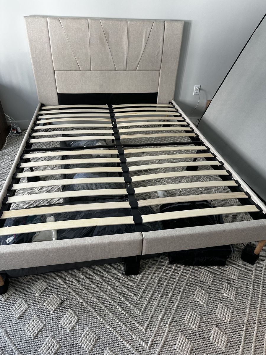 Queen Platform Bed Frame - Beige Upholstery