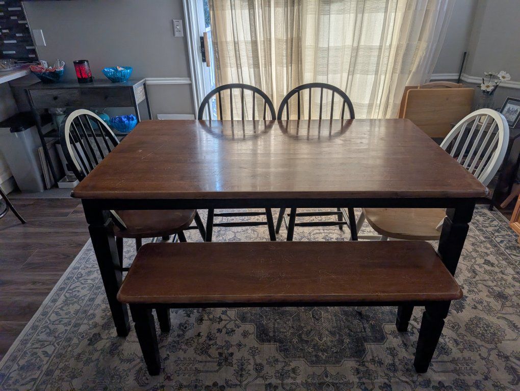 Used Dining Table Set - Wood Table, 4 Chairs, 1 Bench