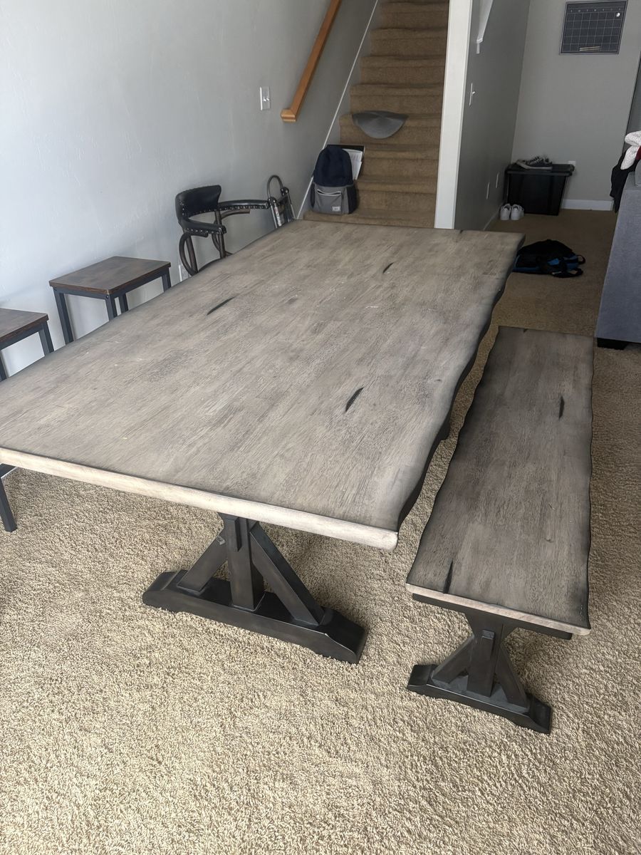 Rustic Live Edge Dining Table & Bench Set - Solid Wood, Gray Wash Finish, Trestle Base