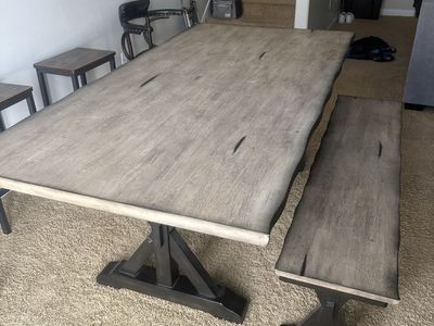 Rustic Live Edge Dining Table & Bench Set - Solid Wood, Gray Wash Finish, Trestle Base
