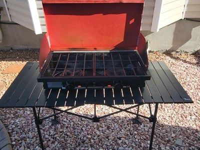 Portable Camping Stove & Table Grill - 2 Burner Outdoor Cooktop with Folding Prep Station