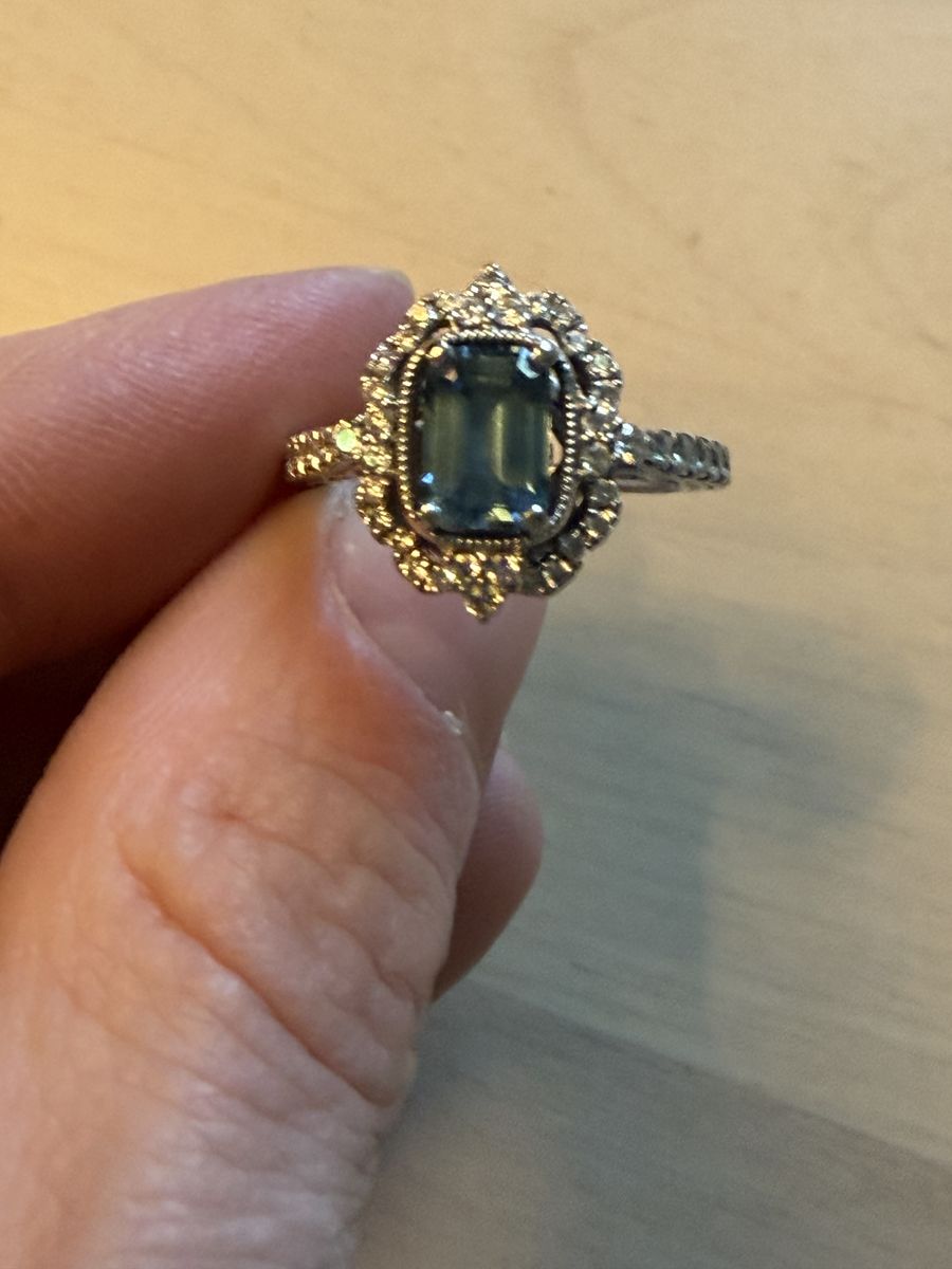 Montana Sapphire Emerald Cut and Diamond Studded Halo Engagement/Wedding Ring
