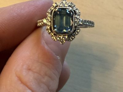 Montana Sapphire Emerald Cut and Diamond Studded Halo Engagement/Wedding Ring