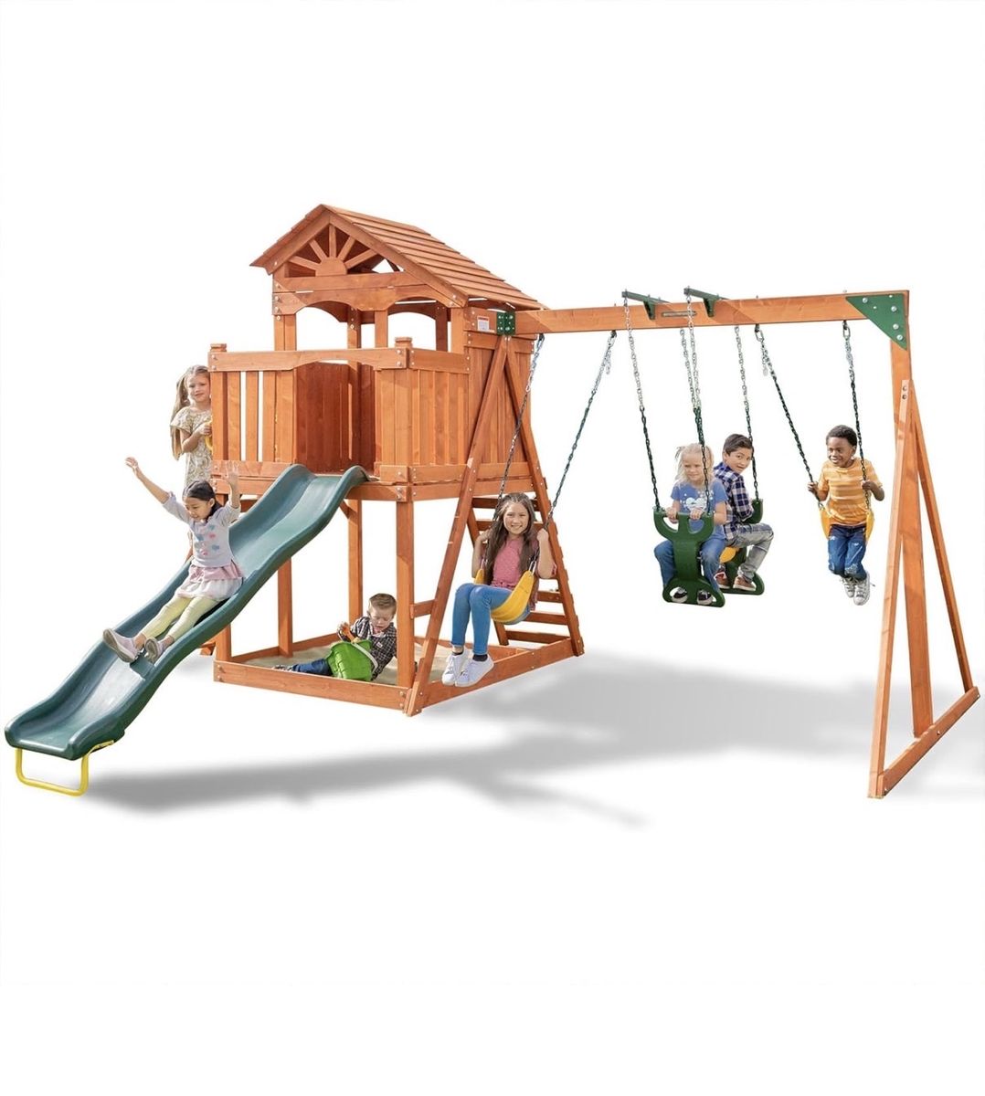 New 8-in-1 Blue Ridge Wooden Swing Set with Roofed Clubhouse & Balcony, 2 Belt Swings, 2-Person Roman Glider, 8ft Slide,