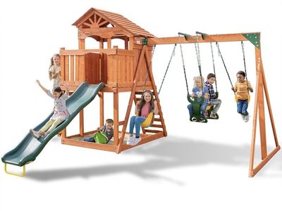 New 8-in-1 Blue Ridge Wooden Swing Set with Roofed Clubhouse & Balcony, 2 Belt Swings, 2-Person Roman Glider, 8ft Slide,