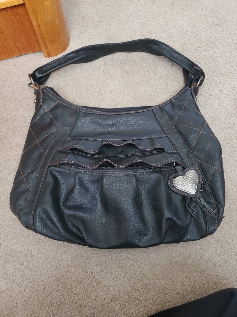 XOXO Black Faux Leather Quilted Hobo Bag with Heart Charm, Used Condition
