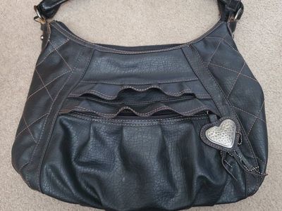 XOXO Black Faux Leather Quilted Hobo Bag with Heart Charm, Used Condition