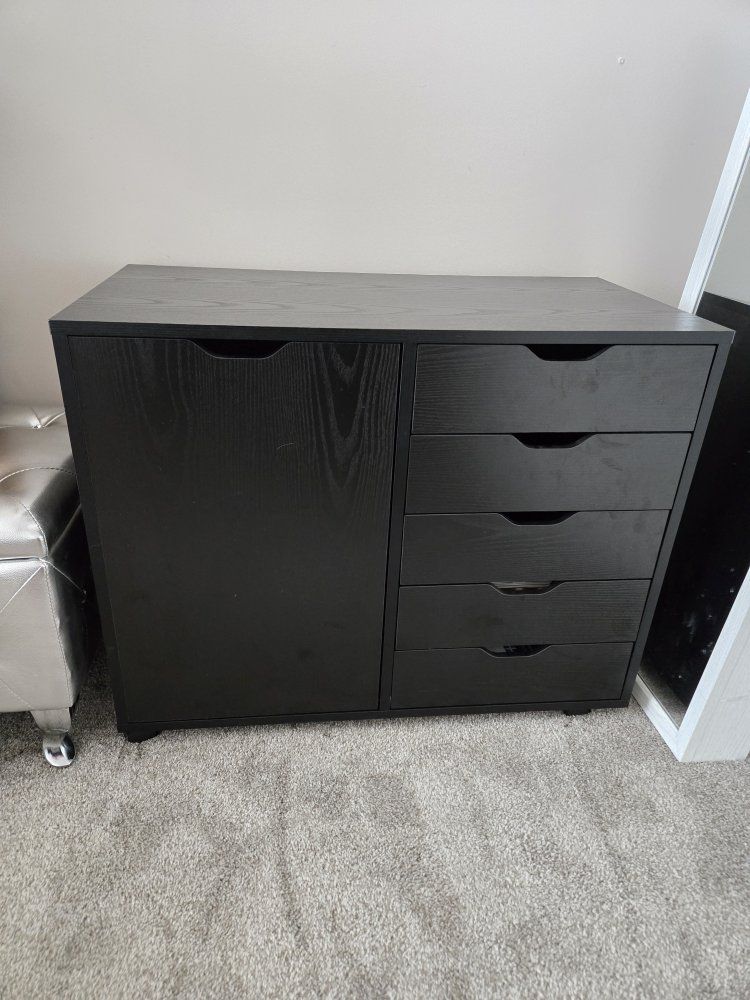 Black Woodgrain Cabinet with 5 Drawers and Side Cabinet