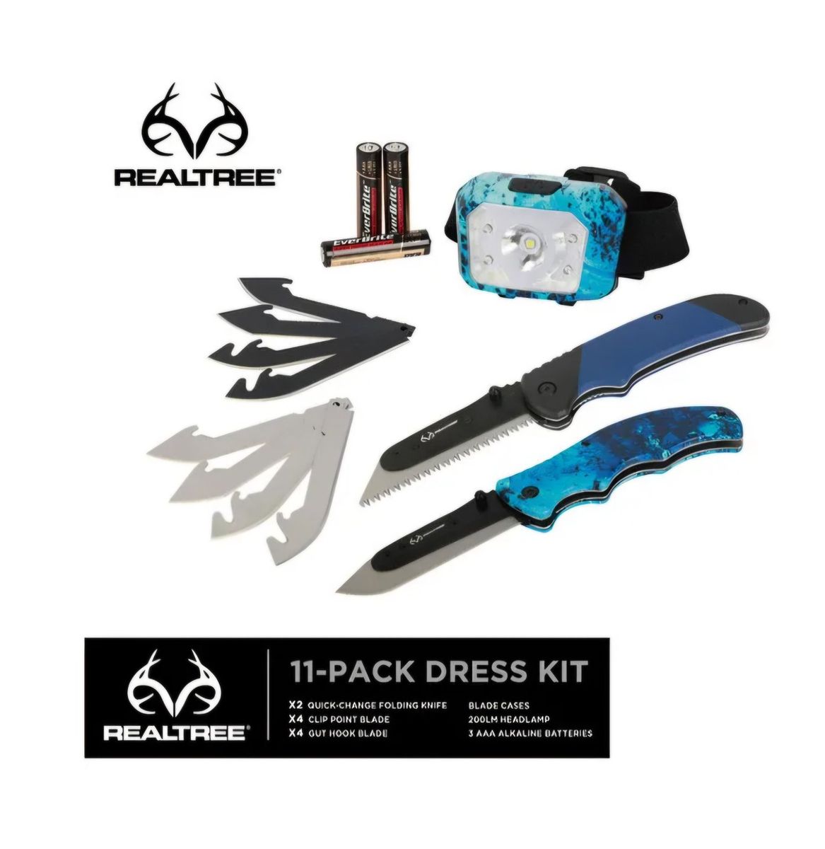 Realtree 11-Piece Game Kit folding knife headlamp