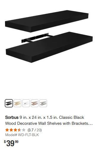 9 in. x 24 in. x 1.5 in. Classic Black Wood Decorative Wall Shelves with Brackets (2-Pack)