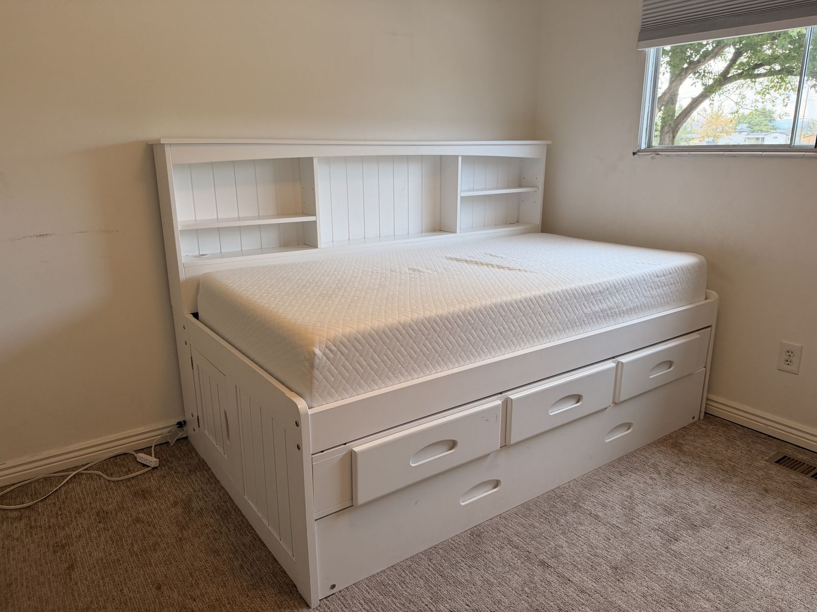 White Twin Captain Bed w/ Trundle, 3 Drawers + 2 Mattresses