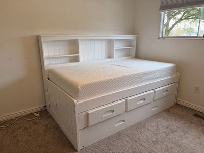 White Twin Captain Bed w/ Trundle, 3 Drawers + 2 Mattresses