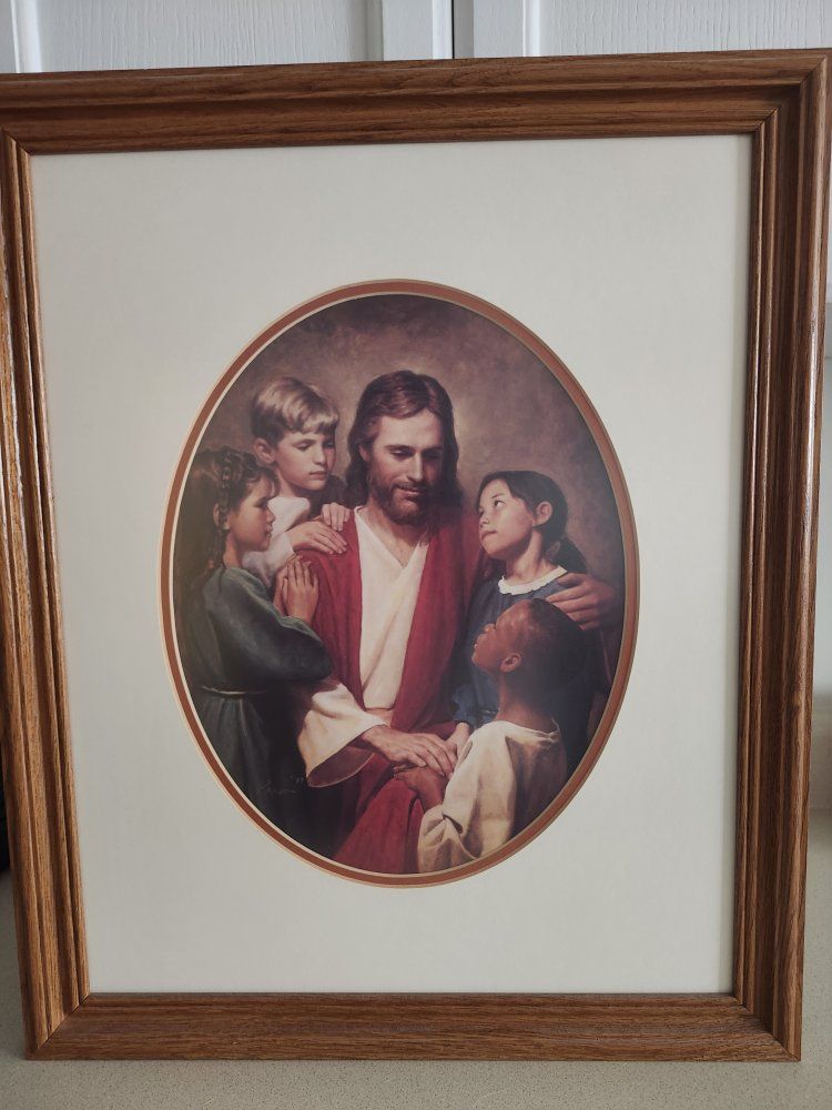Framed Jesus and Children Print, Religious Wall Art, Wood Frame, Brown/Red/White, 16x20 inches signed by artist Del Parson