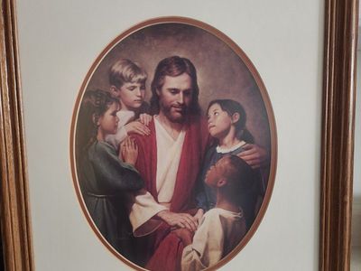 Framed Jesus and Children Print, Religious Wall Art, Wood Frame, Brown/Red/White, 16x20 inches signed by artist Del Parson